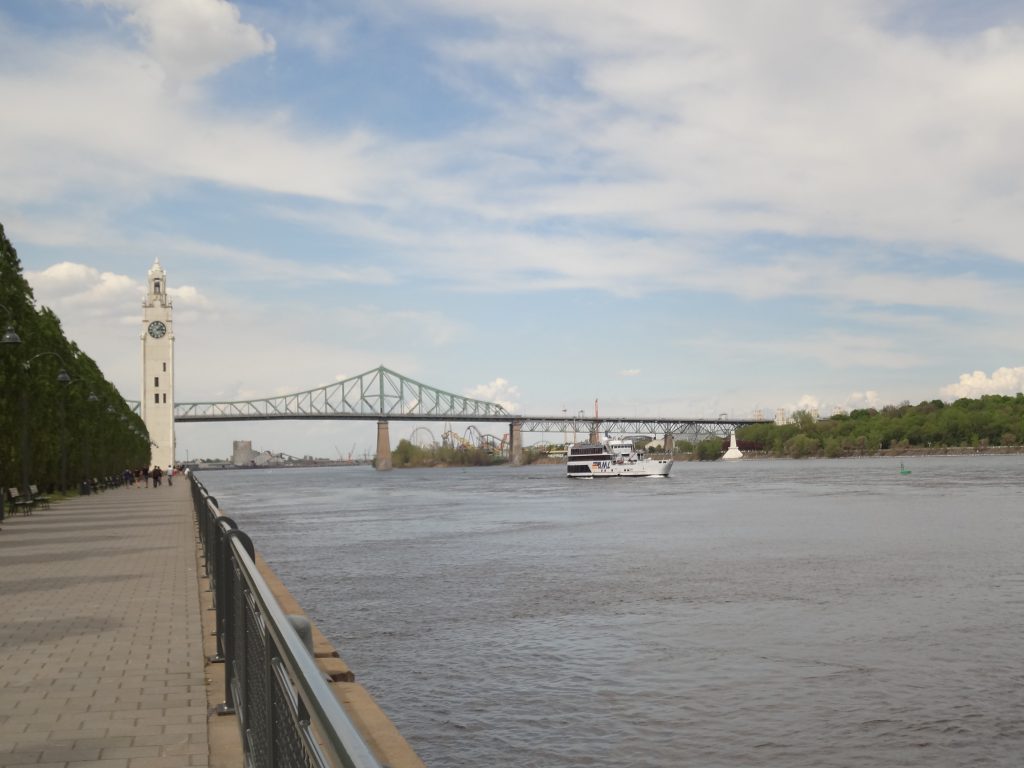 View of St Laurent river along the Clock Tower in Montreal