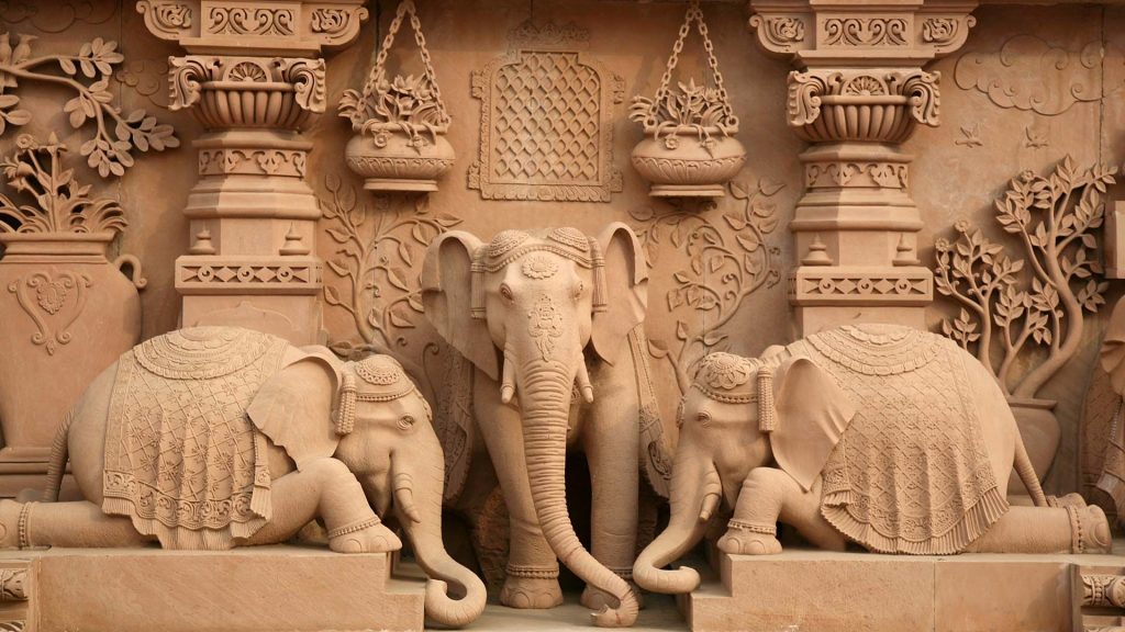 elephants' sculptures around the Akshardham Temple