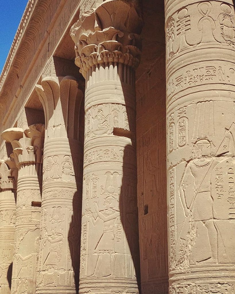 impressive decor on the pillars of Philae Temple - Aswan