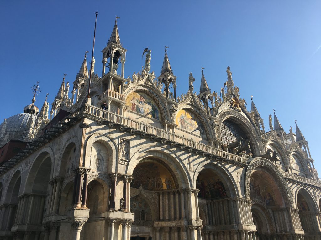 outdoor architecture of the facade of St. Mark's Basilica - Venice
