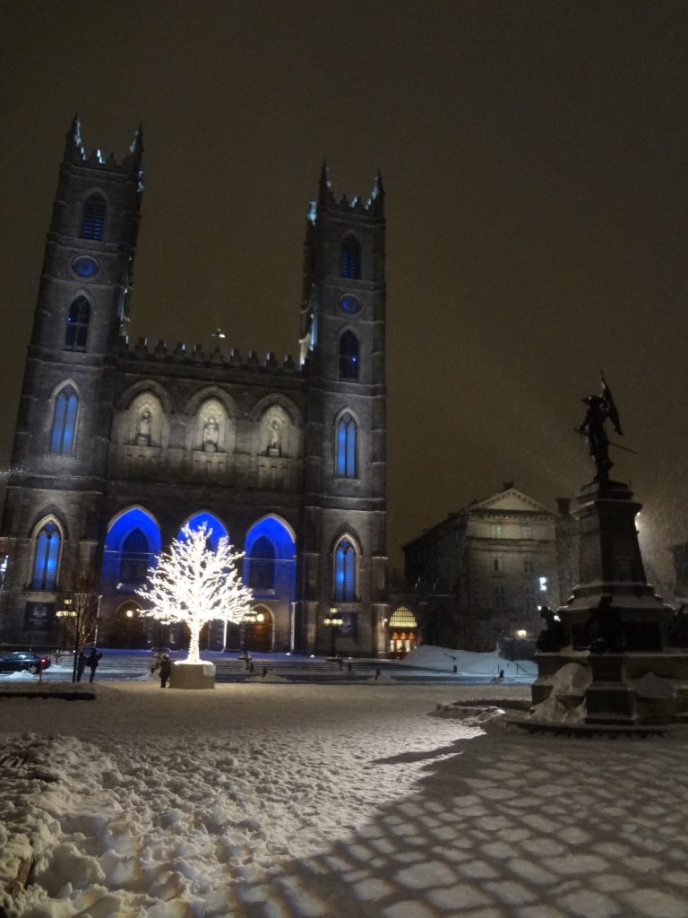 night view of Notre Dame Basilica of Montreal