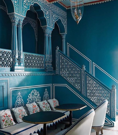 blue decor inside Palladio Bar