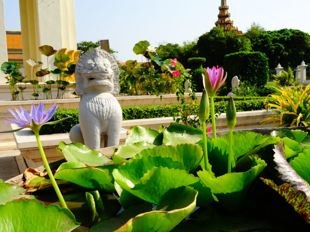 a lion statue surrounded by beautiful lotus flowers in the gardesn of the royal palace